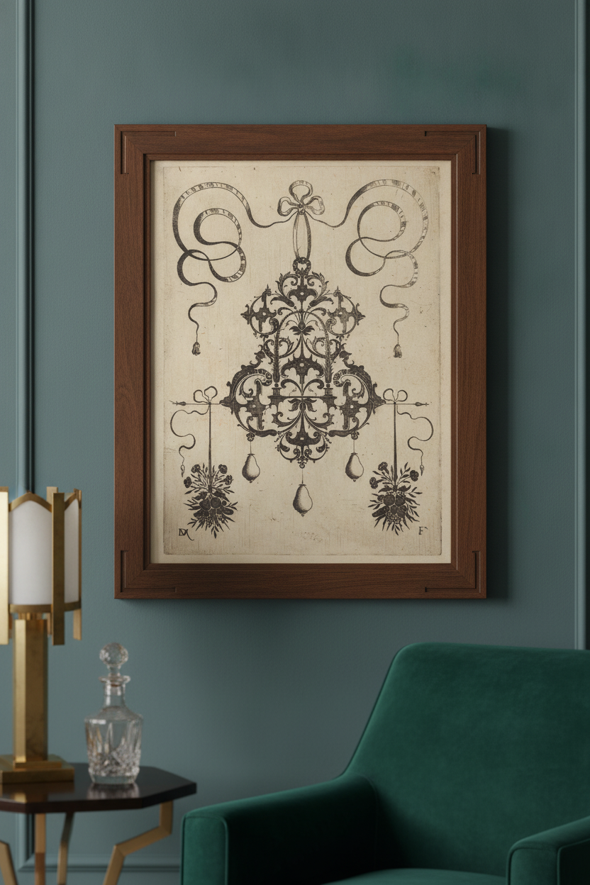 Large Pendant, Lower Left and Right Two Bunches of Grass, Flowers, and Fruit