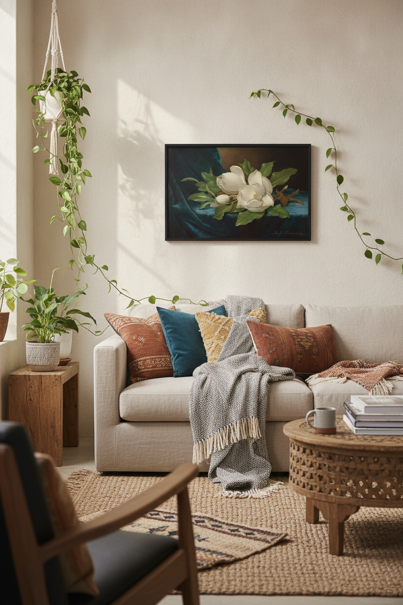 Giant Magnolias on a Blue Velvet Cloth