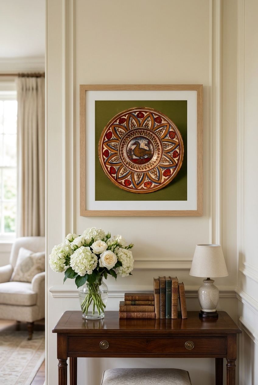 Plate with border of rounded hills within pointed arches with flowers between them; in the center, a wading bird between stylized plants