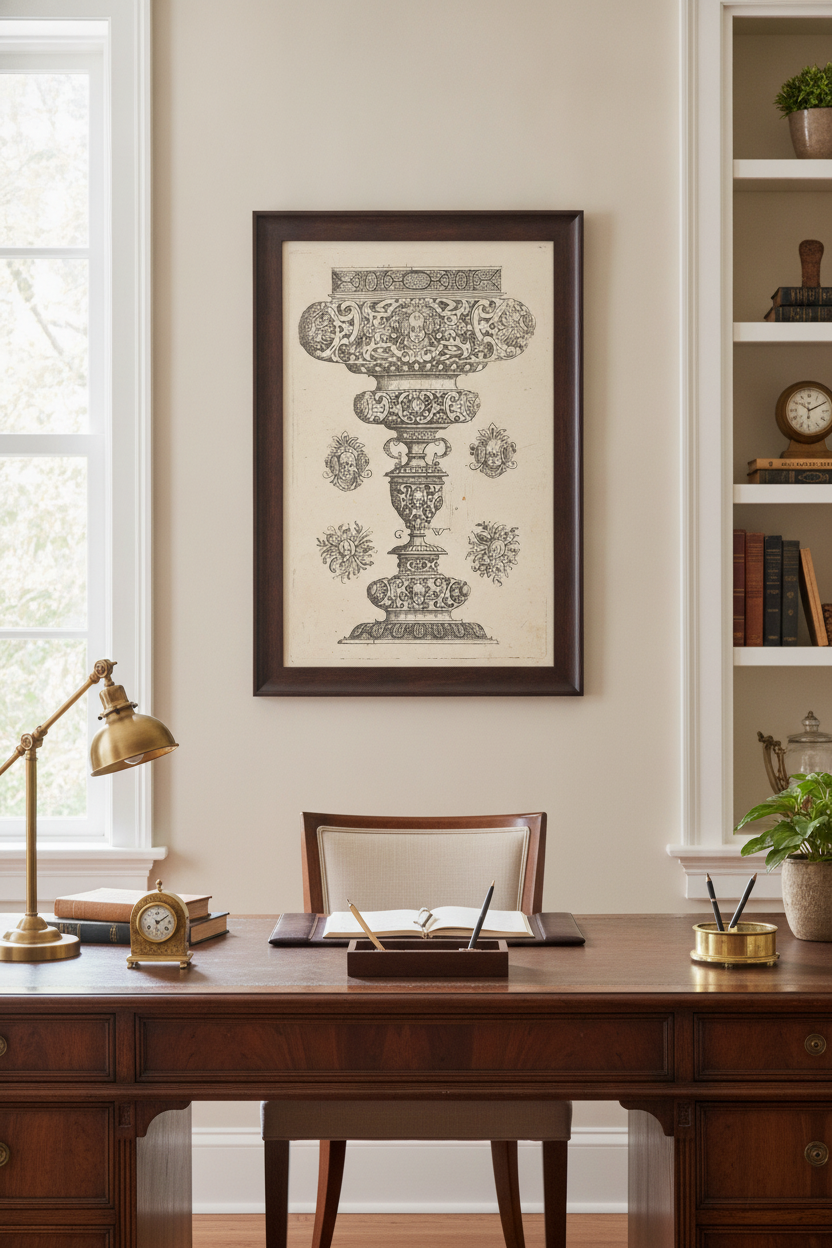 Goblet, rim decorated with masque and bouquet of fruit