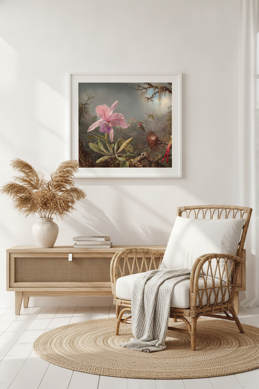 Cattleya Orchid and Three Hummingbirds